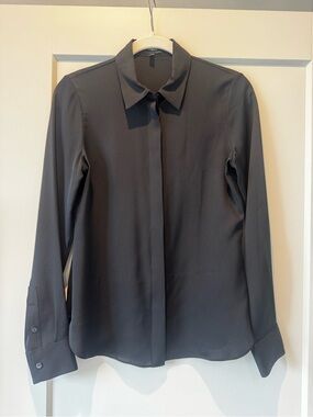 Theory Black Modern Ggt- 100% Silk Long Sleeve Button-Front Blouse - Small